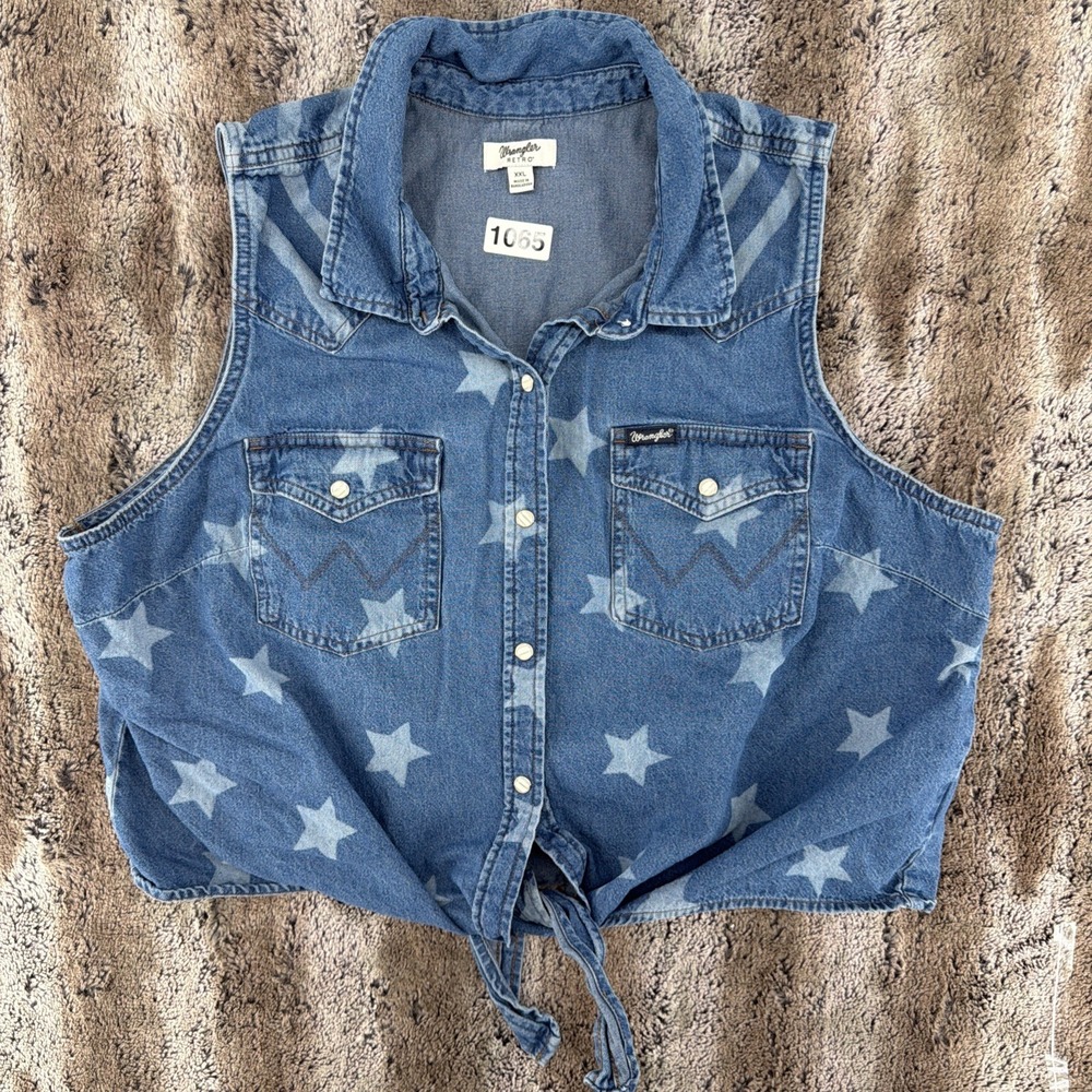 Wrangler Retro Denim Shirt/Vest Womens XXL Mae Pearl Snaps Star Print Patriotic